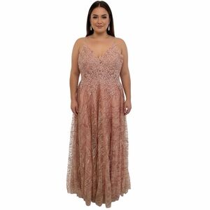 Let’s Blush Pink Lace Beaded Formal Gown V-Neck Plus Size 2XL